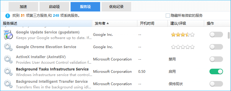 Wise Care 365 启动项管理界面截图：自启程序与服务开关列表